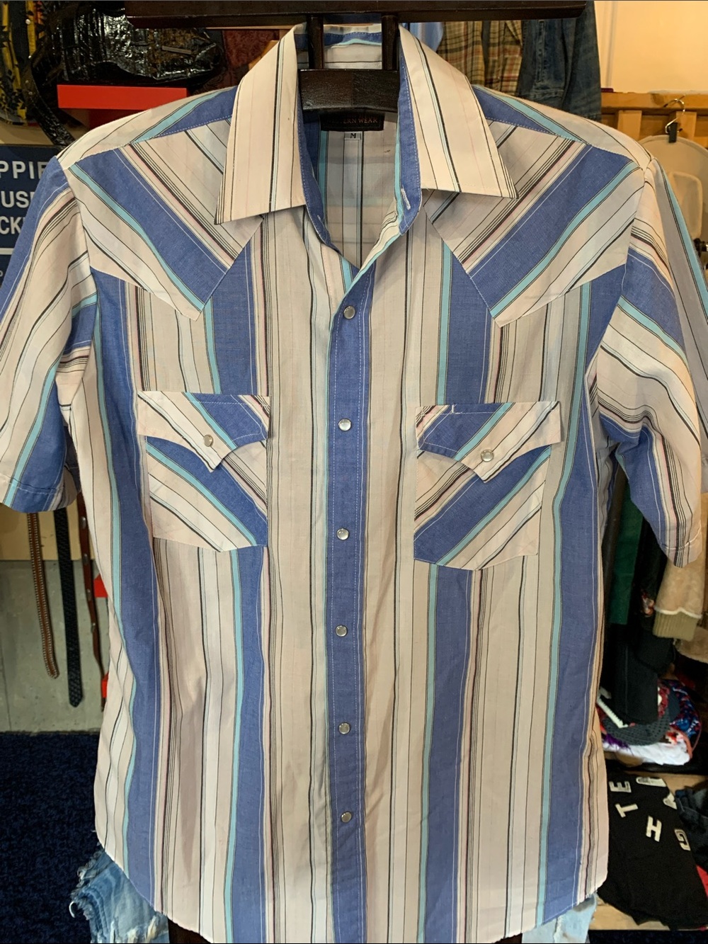 Men's Short-Sleeve Striped Button-Up Shirt - Blue & White
